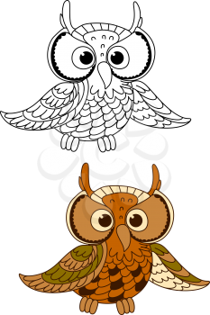 Great horned owl bird with mottled brown feathers and beige face around eyes, for mascot wildlife themes design