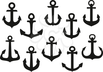 Nautical anchors black icons with heavy curved flukes isolated on white background,  for tattoo or heraldry themes design