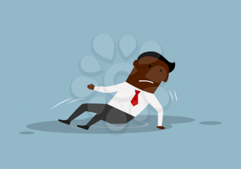 Disappointed african american businessman fell and sitting in a puddle. For business failure concept theme design, cartoon flat style