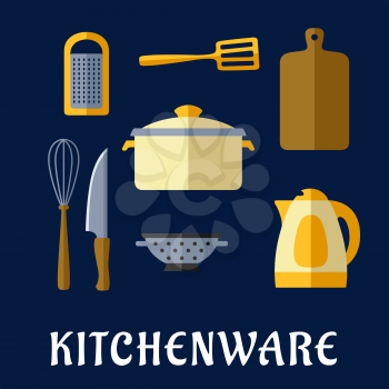 Kitchenware flat concept with cooking pot, electric kettle, knife, wooden chopping board, whisk, grater, spatula and colander on dark blue background