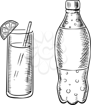 Bottle of carbonated soda with bubbles and cocktail glass with drinking straw and lemon slice, sketch