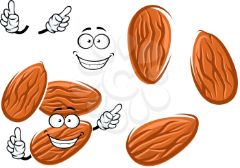 Joyful almond seed cartoon character with brown peel, isolated on white background