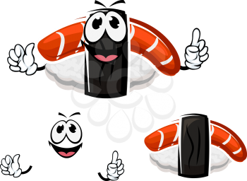 Nigiri sushi cartoon character with smoked salmon and rice wrapped in black nori strip, for seafood menu or cuisine themes design