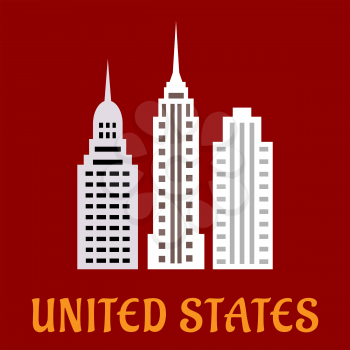 High american skyscrapers flat icons with white silhouettes of architectural symbols of America, for travel design