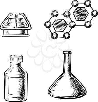 Laboratory flask, gas burner, bottle and formula of molecule icons in sketch style, chemistry or science themes design