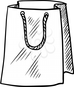Paper shopping bag with rope handles isolated on white background, sketch style