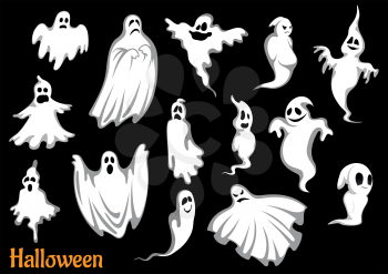Eerie flying Halloween ghosts and monsters, isolated on black, for seasonal party design
