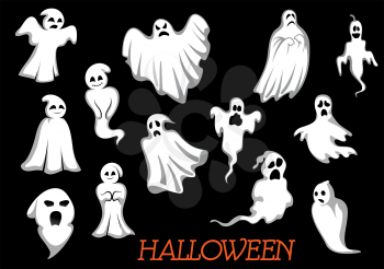 White flying Halloween monsters and ghosts isolated on background, for party invitation design