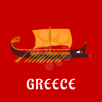 Ancient greek galley or trireme flat ship. Wooden rowing warship with a lot of oars, ornamental bow and orange sail over red background with caption Greece