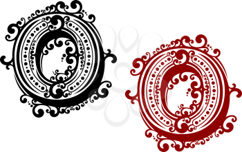 Red and black capital letter O, adorned by curly ornament elements and round spots in retro style. For calligraphy engraving design