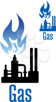 Natural gas processing factory icon with spray tower, pipelines and powerful blue flame above. For industrial theme