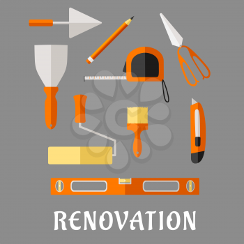 Renovation and construction tools flat icons with pencil, roulette and trowel, spatula, paint roller and brush, scissor, utility knife and spirit level