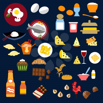 Food and drinks flat icons of bread and butter, cheese and wine, porridge and fish, chinese food, dairy cupcake, croissant, chocolate bars and candies, juice, nuts