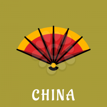 Traditional chinese open folding fan with bright orange and red paper on wooden slats, on background with caption China below, flat style