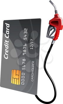 Gray credit card with gas pump nozzle, isolated on white background. For financial or oil concept themes