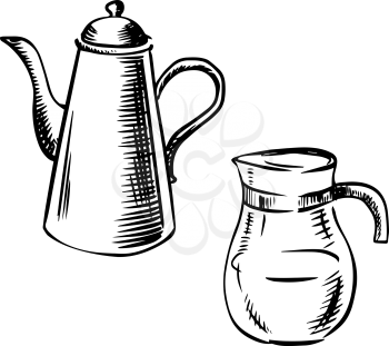 Elegant porcelain coffee pot with long spout and glass jug coffee pot in sketch style. For cafe or restaurant menu design
