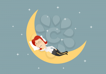 Businesswoman sleeping on crescent of the golden moon in blue sky with stars,  relaxation concept theme. Cartoon flat style 