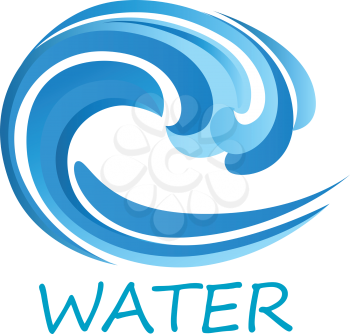 Blue ocean wave abstract icon with ornamental water swirl, isolated on white background with caption Water