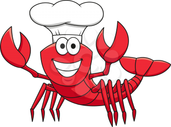 Cheerful smiling red lobster chef cartoon character in white cook hat with raised pincers for seafood restaurant mascot design