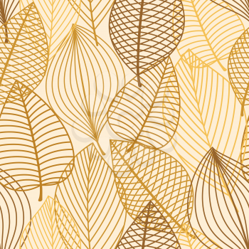 Autumn outline yellow, orange and brown leaves seamless pattern background for seasonal design