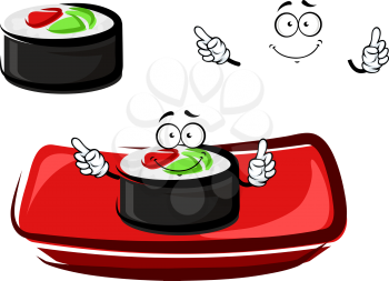 Smiling sushi roll cartoon character with smoked salmon and rice, served on red rectangular plate. For seafood restaurant menu theme
