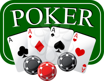 Poker emblem with four aces and gambling chips with green table on the background for casino theme design