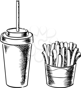 Fast food french fries in paper box and cold soda drink in takeaway cup with lid and straw isolated on white background, sketch style 