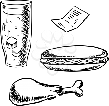 Fast food hot dog, fried chicken leg, soda with ice in tall glass and restaurant bill isolated on white background. Sketch style