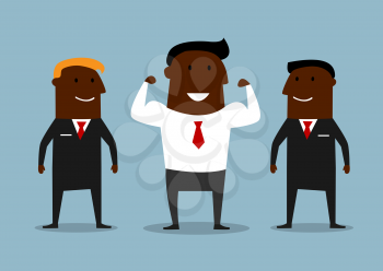 Cartoon happy african american businessman shows his strength under protection of bodyguards