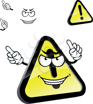 Hazard warning attention sign cartoon character with exclamation mark on yellow triangle with black border, showing finger away. For caution or danger sign design