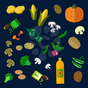 Fresh and canned vegetables flat icons with potatoes, mushrooms, pumpkin, broccoli, radish, fresh and canned green pea and corn vegetables, sunflower oil bottle