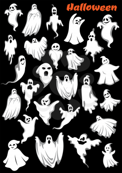 White flying monsters, ghouls and ghosts. Isolated on background. for Halloween holiday theme