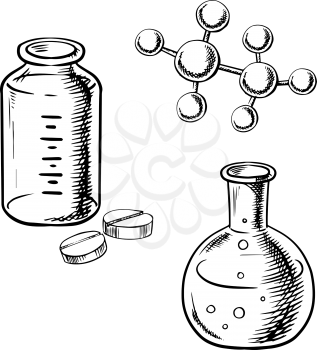 Laboratory flask with liquid and bubbles, bottle with pills and chemical molecular model isolated on white background. For pharmaceutical or medical research themes, sketch style