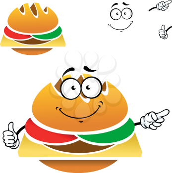 Homemade tasty cheeseburger cartoon character with fresh tomato, cucumber and swiss cheese isolated on white