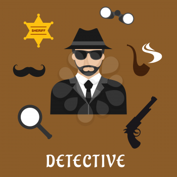 Detective profession flat icons with bearded man in black hat and sunglasses, encircled by binoculars, pipe, magnifier, gun, sheriff star badge and fake moustache