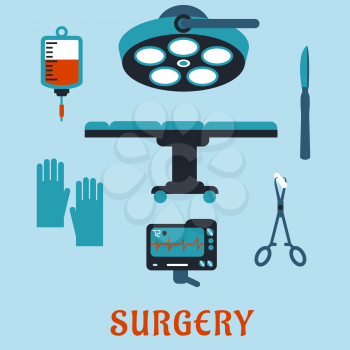 Surgery flat icons with operation table, surgical lamp, scalpel, forceps with sponge, gloves, heartbeat monitor, blood bag