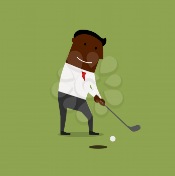 African american businessman golfer putting ball into a hole at green field. Cartoon flat style