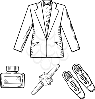 Male formal evening outfit with jacket, shirt and bow tie, elegant shoes, watch and cologne water isolated on white background, sketch icons
