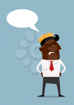 Haughty cartoon african american businessman in gold crown with blank speech bubble. Flat style image, suitable for leadership or success business concept