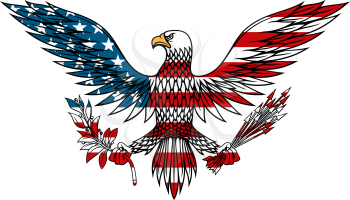 American eagle icon with outstretched wings holds bundle of arrows and olive branch in talons, for tattoo or t-shirt design