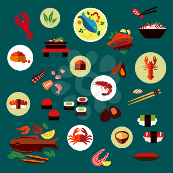 Seafood and delicatessen flat icons of sushi, caviar, crab, shrimp, lobsters, oysters, mussels, octopus, chopstick, salmon steak, grilled fishes and shrimp salad, fish soup, vegetables and herbs