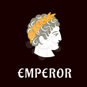 Roman emperor Julius Caesar head profile with golden laurel wreath on dark brown background with caption Emperor below, flat style