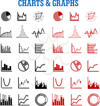 Black and red charts or graphs icons for business or infographic themes