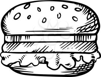 Black and white sketch of a hamburger with a beef patty on a sesame bun, for fast food theme