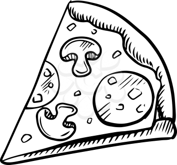 Black and white slice of pepperoni pizza with mushrooms, high angle view, sketch icon