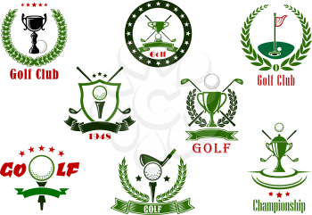 Golf club and tournament sport icons in red and green colors with game items