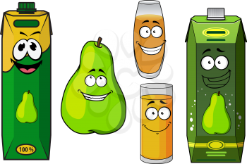 Funny cartoon green pear fruit and juices in glasses and cardboard packs, for drink theme design