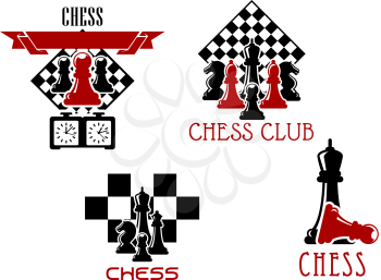 Chess club and tournament symbols with pawn, rook, knight and king chessmen