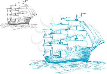 Three masted old wooden schooner or tall ship under full sail on the ocean, sketch image