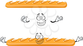Funny cartoon baked french baguette bread character with happy face and little hands